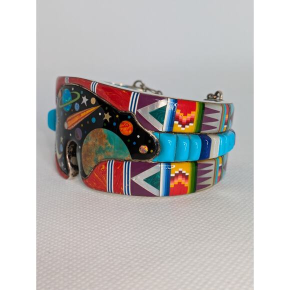 RR Sterling Silver Navajo Inlay Bracelet Multicolored Bear Space Tribal Cuff 925 - Picture 2 of 8